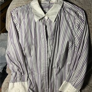 Fashion Bug White, Purple, & Silver Striped Button Down Shirt Vintage Oversized